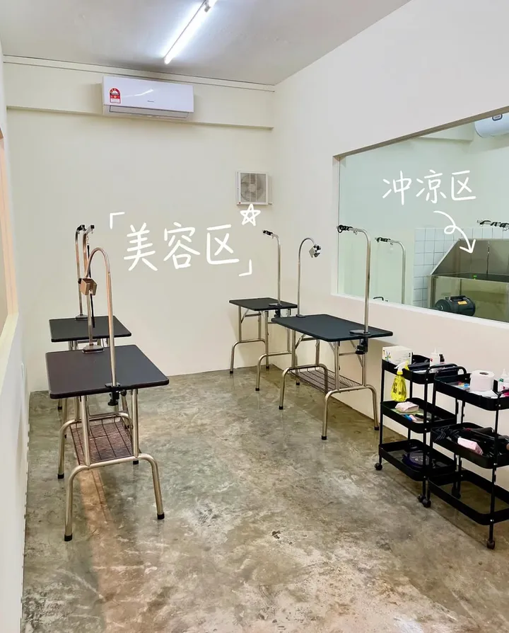 二郎の家的美容区：四张美容桌，玻璃窗后面是冲凉区