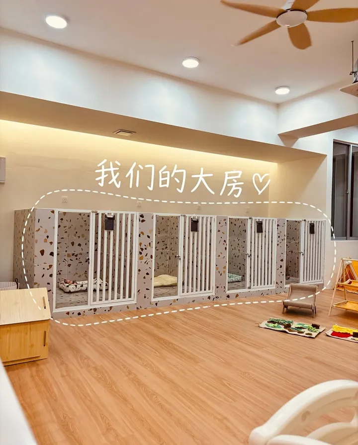 二郎の家的狗狗寄宿区：一排有白色栅栏门的小房间